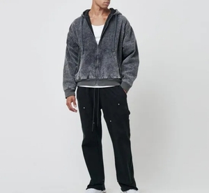 Sudaderas con Capucha y Cremallera de Felpa Francesa Gruesa, Color Negro Lavado a la Piedra - Product Image 1