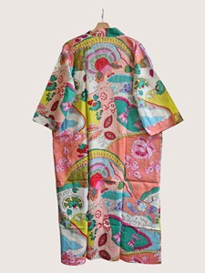 Bata Larga Estampada Floral para Mujer, Manga Larga, Cuello en V, 100% Poliéster, Suave, Informal, para Primavera, con Cierre de Cordón - Product Image 4