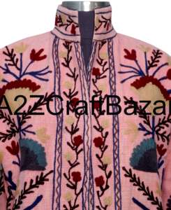 Women's Handmade Knitted Suzani Floral Embroidered Ruffles 100% Cotton Eco-Friendly Bomber Jacket Spring Winter Boho Indian - Product Image 3