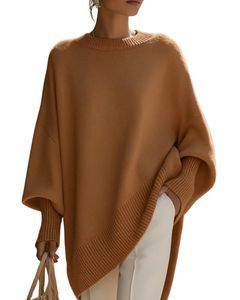 Customized Women Camel <b>Brown</b> Oversized Knit Poncho Sweater Winter Loose Fit Batwing Sleeve Soft Warm Pullover Casual Fashion Top - Product Image 1