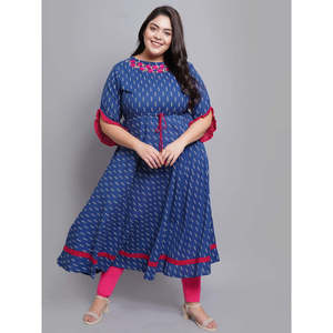 Cambric algodón Anarkali Kurta vestido bordado Ikat estampado Casual vestidos azules - Product Image 3