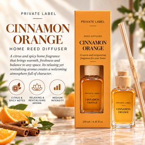 Diffuseur de parfum en bâtonnets à la cannelle et à l'orange, marque privée, 250 ml |   Parfum d'ambiance pour la maison aux senteurs d'agrumes et épicées |   Fabricant OEM Espagne - Product Image 2