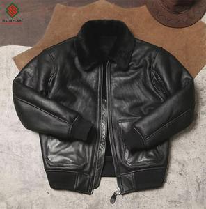 Veste en cuir décontractée d'hiver pour homme, noire unie, avec doublure en laine, fermeture éclair et col mandarin |   Service OEM de style bombardier - Product Image 1