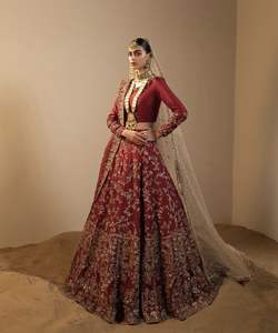 TRENDY-BRIDAL-BLUSA MANGAS LARGAS LEHENGA DUPATTA EMBELLEZADO CRISTAL BEADSSTONEDABKA TRABAJO DE SEDA BODA PARA 2024 - Product Image 1