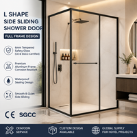 Porte de douche coulissante latérale en verre trempé en forme de L (enceinte complète avec cadre) – Durable et facile à nettoyer pour usage hôtelier