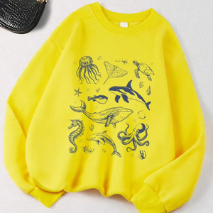 Baleine et requin imprime sweat femmes hiver polaire sweat à capuche chaud col rond pull ample basiques sport femme vêtements - Product Image 1