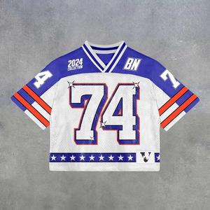 T-shirt rétro hip-hop à manches courtes pour hommes respirant broderie Patch décontracté hauts Streetwear maillot de football américain sur mesure - Product Image 1