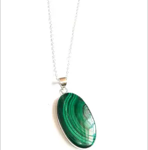 Naturale Malachite ovale Cabochon 925 in argento Sterling Col let impostazione collana April & May gioielli pendenti con pietra di nascita in vendita