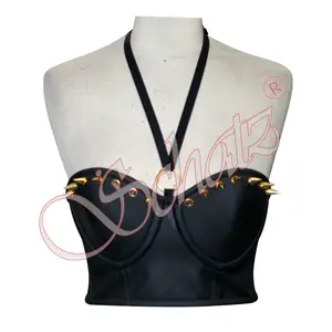 Underwire Cup Faux Leather Short Bustier With Golden Spikes And Neck Strap With O Ring 2024 Good Quality Top Design Corset
