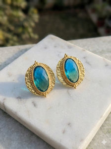 Pendientes Elegantes de Cuarzo Aguamarina con Baño de Oro de 18K, Forma Ovalada, de Lujo - Product Image 4