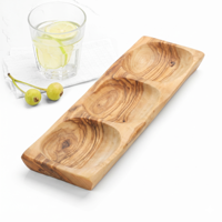 Plateau de service rectangulaire en bois d'olivier poli, fait main, 3 sections, écologique, avec compartiments pour condiments et snacks, style américain