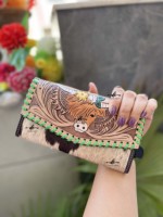 Portefeuille-pochette en cuir véritable de vachette, style western, avec gravures à la main, élégant, multi-usages, portefeuilles en cuir western