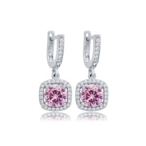 Pendientes colgantes de plata con diseño cuadrado de piedra CZ Rosa hechos a mano fabricante de joyería mayorista turca