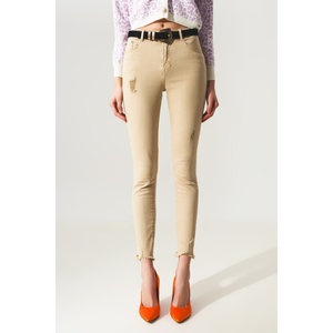 Jeans de Mezclilla Ajustados de Cintura Alta en Color Beige Claro para Mujer, Transpirables, Lavables, Estilo Vintage, con Decoración de Agujeros, Talla XL - Product Image 4