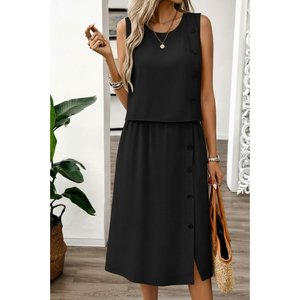 Conjunto de Dos Piezas para Mujer Jane's: Blusa Aerobin sin Mangas con Cuello Redondo y Botones y Falda Midi, Atuendo Elegante e Informal para Verano - Product Image 2