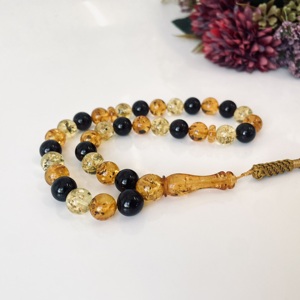 Tespih en ambre baltique multicolore, 33 perles en ambre faites à la main, Misbaha en ambre multicolore - Product Image 1