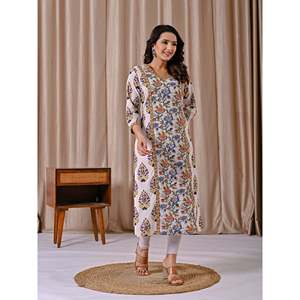 Kurti Blanco Multicolor con Estampado Jaal, Corte Recto, Estilo Étnico Indio, Material de Algodón y Seda, Bordado, para Fiestas, Estilo Bollywood - Product Image 5