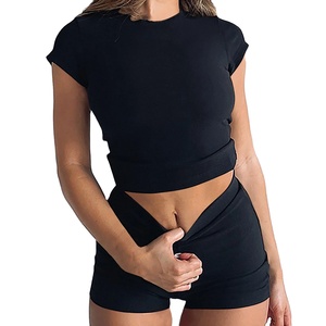 Ensemble de Yoga taille moyenne respirant pour femmes motif solide Logo avant personnalisé vêtements de sport 2 pièces avec fermeture élastique à manches courtes - Product Image 4