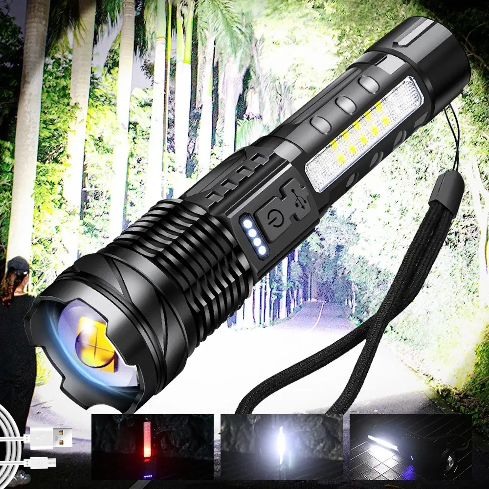 Super Bright 10000 high lumen ZOOM Lanterna poderosa Tocha Luz linterna USB-C Long Range XHP50 Lanterna LED Recarregável