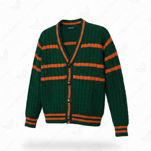 Pull cardigan décontracté pour femme, vert et orange, col en V, tricot, logo personnalisé sur le devant, 100% laine - Product Image 1
