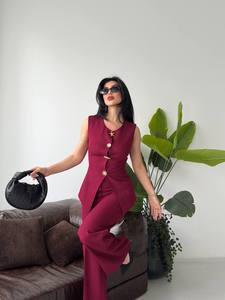 Ensemble de costume sans manches pour femme, couleur bordeaux, boutons sur le devant, pantalon élégant, tenue d'automne, coupe classique, tissu satiné - Product Image 5
