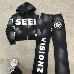 Pantalon de survêtement évasé en coton deux pièces personnalisé ensemble de sweat à capuche surdimensionné à l'acide lavage rue survêtement imprimé brodé Applique Patch - Product Image 1