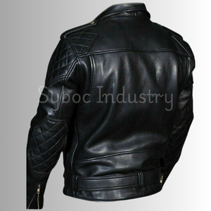 แจ็กเก็ตนักขี่จักรยานหนังวัวแท้สำหรับผู้ชายแจ็คเก็ตบุนวมหนังสีดำมีสไตล์สำหรับผู้ใหญ่ - Product Image 4