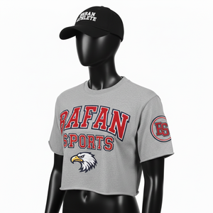 Crop top femme en jersey de coton et polyester premium, gris, coupe athlétique, logo brodé appliqué. - Product Image 4