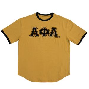 Camiseta Premium Ringer de algodón dorado antiguo | Camisa con dobladillo curvo de fraternidad para hombre con letras de chenilla bordadas | Ropa griega - Product Image 1