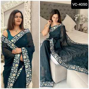 Ropa de fiesta de diseñador pakistaní de la India, Sari Kanchipuram, saris de seda suave Lichi con blusa, saris de estilo indio del Sur para mujer - Product Image 4