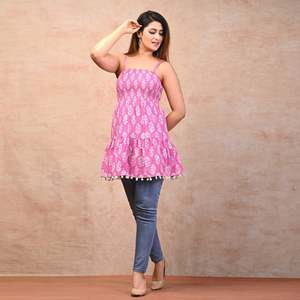 Pink Cotton Floral Print Smocked Top Breathable Woven Fabric - Product Image 4