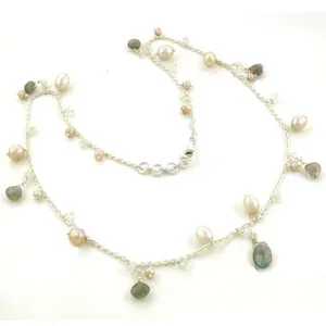 Collar de Perlas de Agua Dulce con Cuentas de Labradorita, Joyería Romántica para Mujer, Cadena de Plata, Forma Irregular, Grado AA - Product Image 4