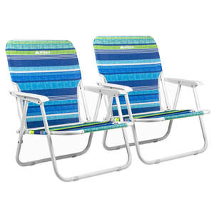 Chaise de plage pliable bleue portable avec accoudoirs en fer durables et sangle pour le camping, la pêche, l'utilisation en extérieur, 2 pièces - Product Image 1