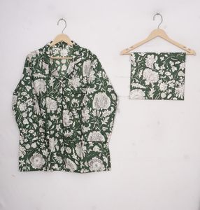 ชุดนอนพิมพ์ลายบล็อกด้วยมือสีเขียวชุดนอนพิมพ์ลายดอกไม้สีเขียว - Product Image 5