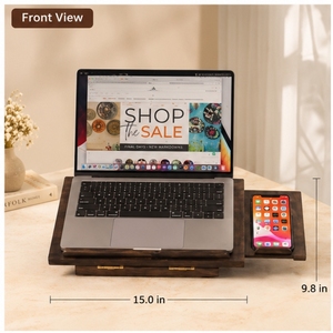 Handcrafted Eco-friendly Wooden Laptop Stand Phone Holder Single <b>Rustic</b> Design Dark Brown Rectangle Office <b>Desk</b> Organizer 15.0 X - Product Image 1