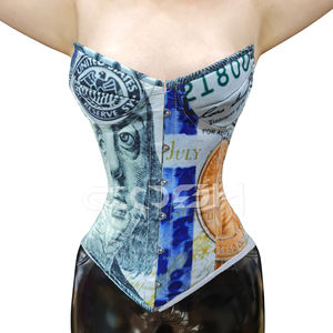 Corset amincissant en satin bleu à imprimé dollar, sur-buste, avec armatures, maintien ferme, compression élevée, body shaper haut, vente en gros personnalisée - Product Image 1