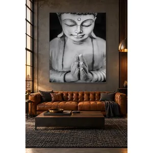 ภาพพิมพ์บนผ้าใบพระพุทธรูปกำลังสวดมนต์สีดำและสีขาวของฟิดา - Product Image 1