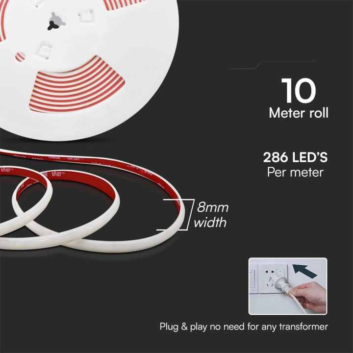 10 Meters High Voltage LED Strip 220V With Schuko Plug 16A SMD 2835 12.5W/M 92lm/W F Cold White 6500K Ra>80 120° IP65 -