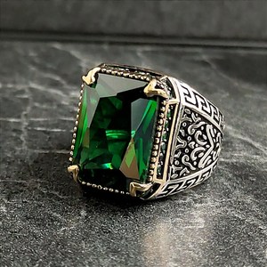 Men's Vintage Style 925k Sterling <b>Silver</b> <b>Ring</b> with <b>Emerald</b> Green Zircon Gemstone Handmade 925k Sterling Si Jewelry - Product Image 3
