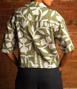 Blusa Corta de Lino para Mujer, Manga Corta, Botones, Estampado de Plantas, Cuello Camisero, Casual, Transpirable, Corte Holgado, Estilo Primavera-Verano - Product Image 5