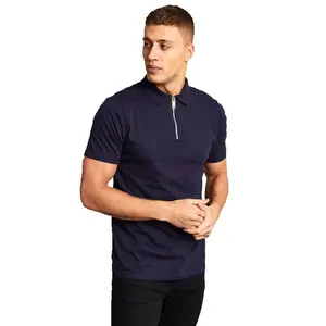 Wholesale Factory Made Men Navy Blue 100% Breathable Cotton Plain Zipper Turn Down Collar Casual Polo T Shirt For Sale