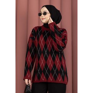 Pull d'hiver décontracté Softie, motif baklava bordeaux-noir, tricot confortable et élégant - Product Image 2