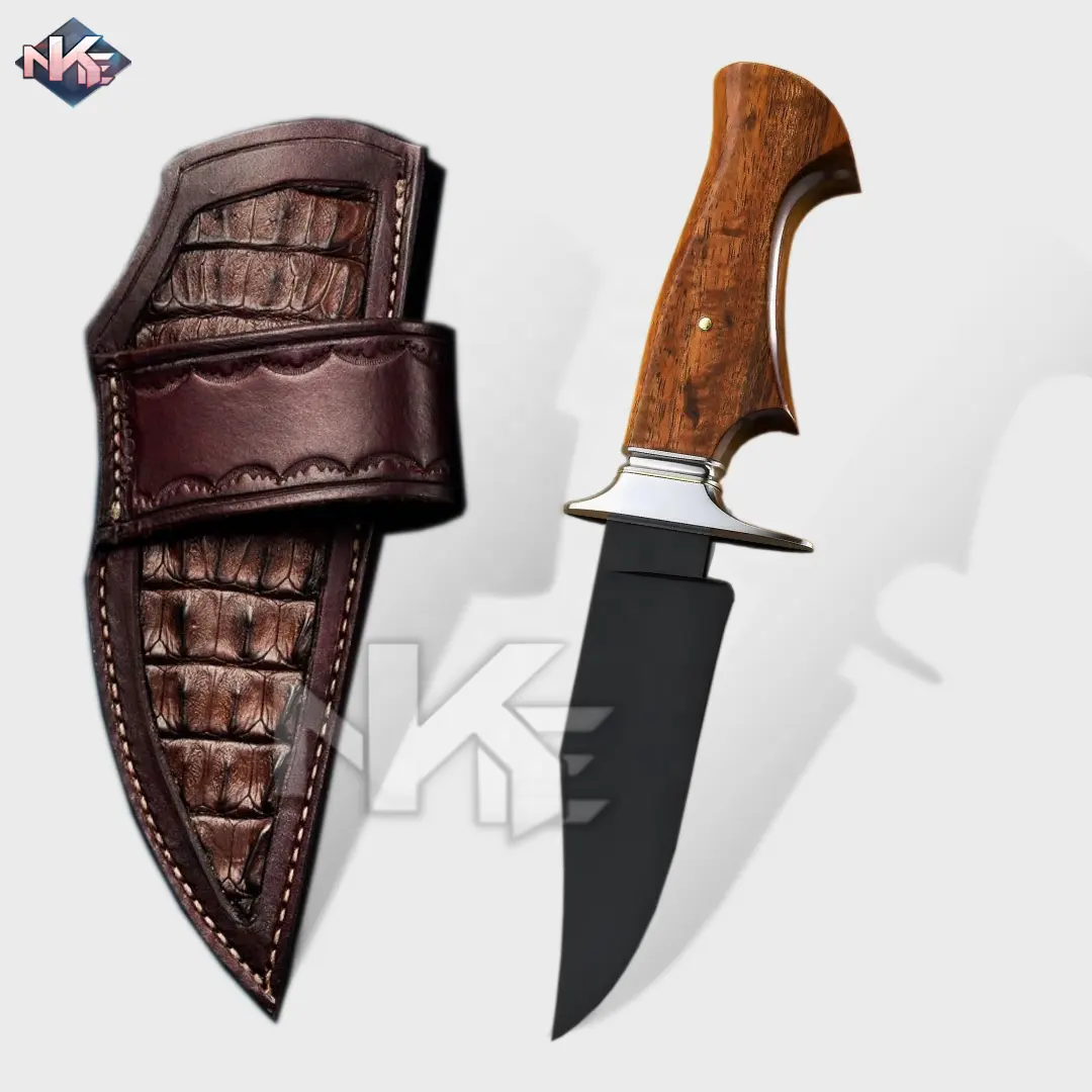 Premium Black Powder Coated Hunting Knife: High Carbon Steel Fixed Blade with Rosewood Handle and Cowhide Leather Sheath