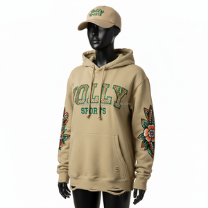 Sudadera con capucha de forro polar de 320 g/m² para mujer, cómoda mezcla de algodón, beige, con bordado floral en las mangas, logotipo personalizado, sudaderas básicas para mujer - Product Image 5