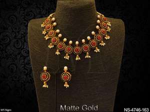 Multi Round Matte <b>Gold</b> Plated Flower Necklace Set - Product Image 2