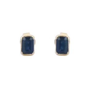 Trending Natural Octagon Blue Saffier Solitaire Studs 14K Massief Geel Goud Edelsteen Oorbel Studs Fijne Sieraden Voor Vrouwen