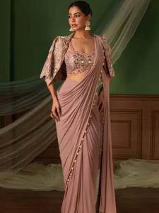 Women Ready to Wear Crepe Silk <b>Saree</b> with Embroidered Jacket <b>Blouse</b> Party Wear Ethnic <b>Saree</b> Set - Product Image 5