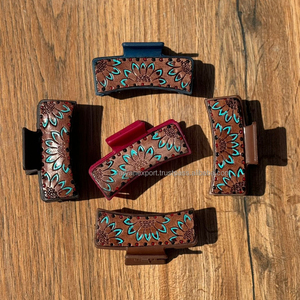 Nouvelle arrivée vente chaude Western élégant à la main usiné en cuir gravé pinces à cheveux en cuir griffe accessoires de cheveux pour les femmes - Product Image 3