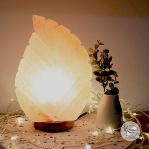 Elegante lámpara de sal rosa del Himalaya con base de madera artesanal tallada en hojas únicas para decoración del hogar TEMA DE AMOR artesanías naturales - Product Image 3