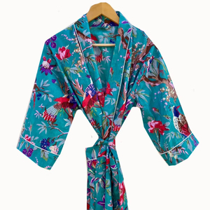 Kimono en coton imprimé de blocs à rayures pour femmes Robe de chambre confortable pour l'automne Été Resorts Bridesmaid - Product Image 1